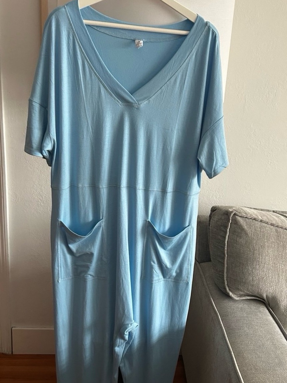 Anrabess Women's Light Blue V-Neck Lounge Jumpsuit